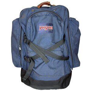 Vintage 90s JanSport Navy Backpack USA Leather Handle Hiking Travel College XL